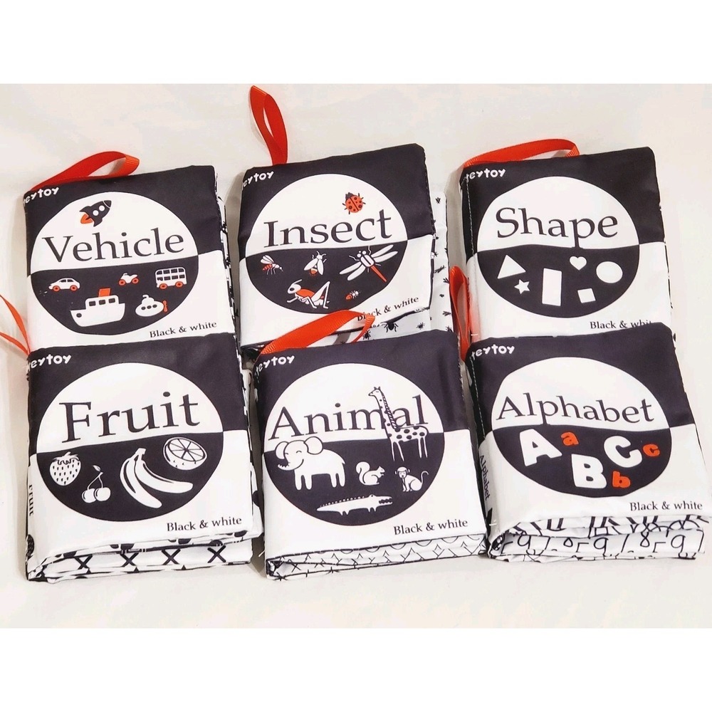 Set Of 6 Teytoys Baby Cloth Black White High Contrast Books Crinkle Soft